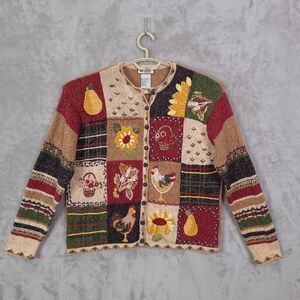 VTG Tiara Harvest Cardigan Size XL Patchwork Embroidered Cottagecore Chunky Knit
